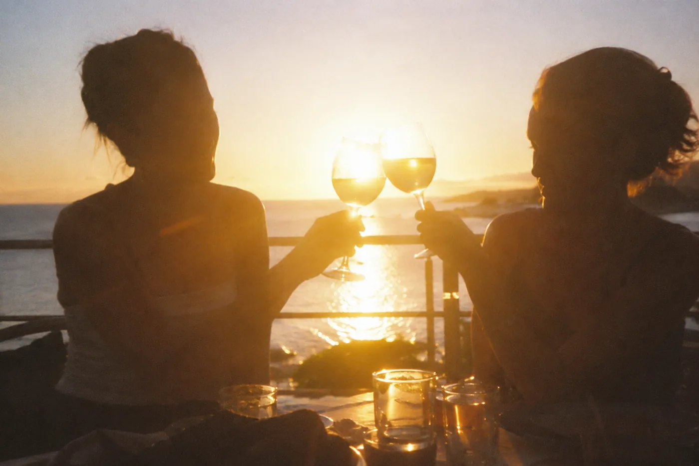 Un brindisi a cena tra amici al tramonto