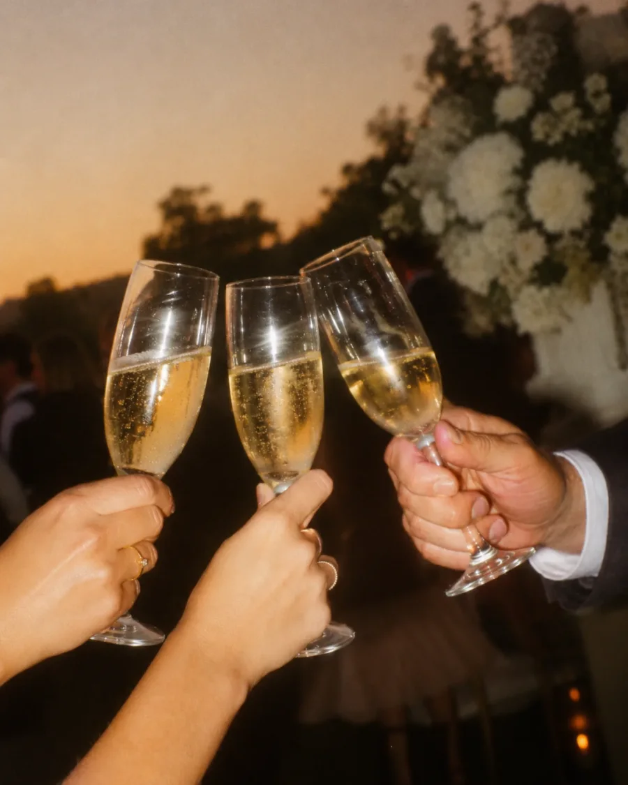 Brindis con copas en alto en el cóctel de una boda