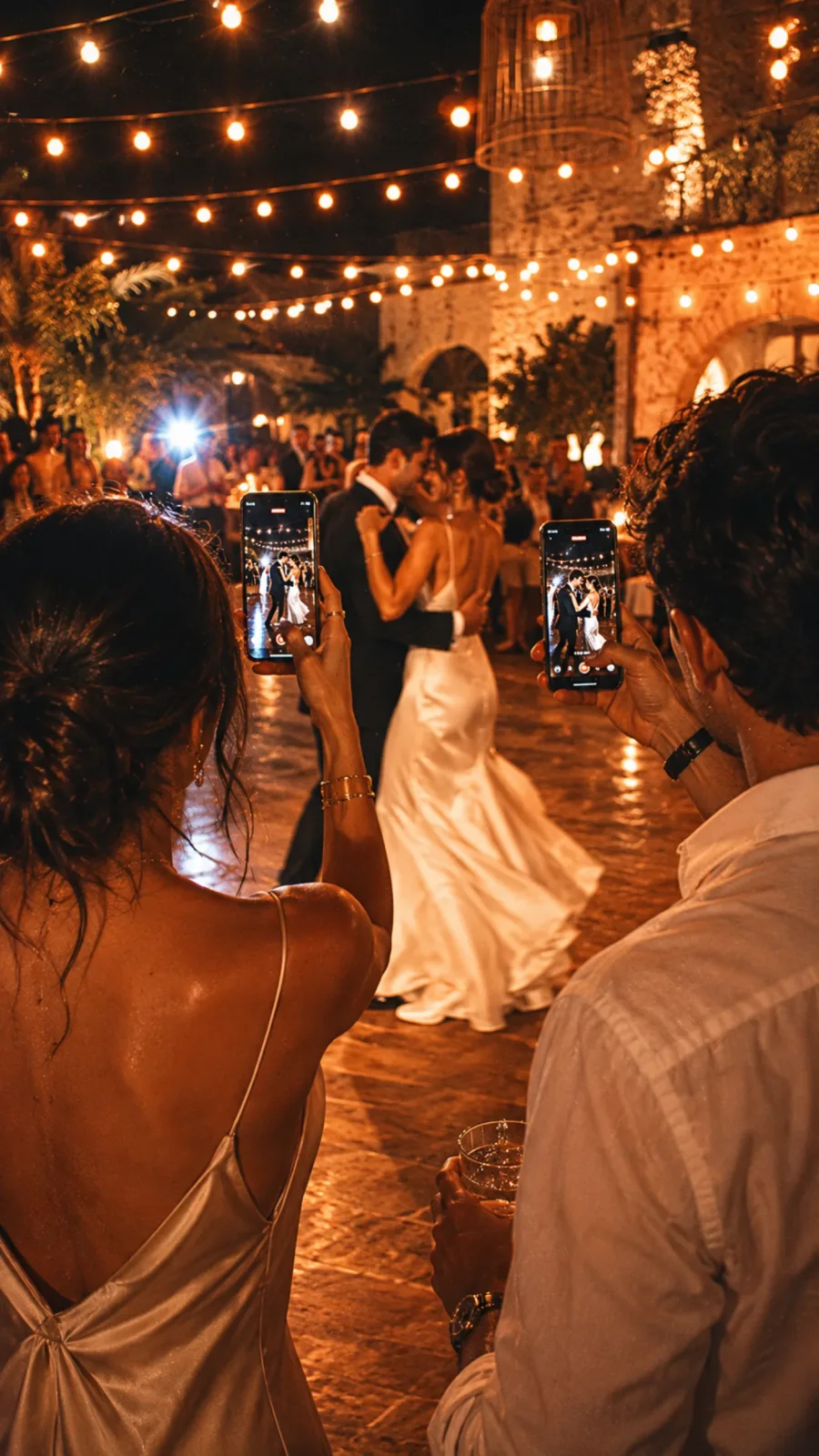 Invitados con sus teléfonos en alto durante el primer baile de una boda